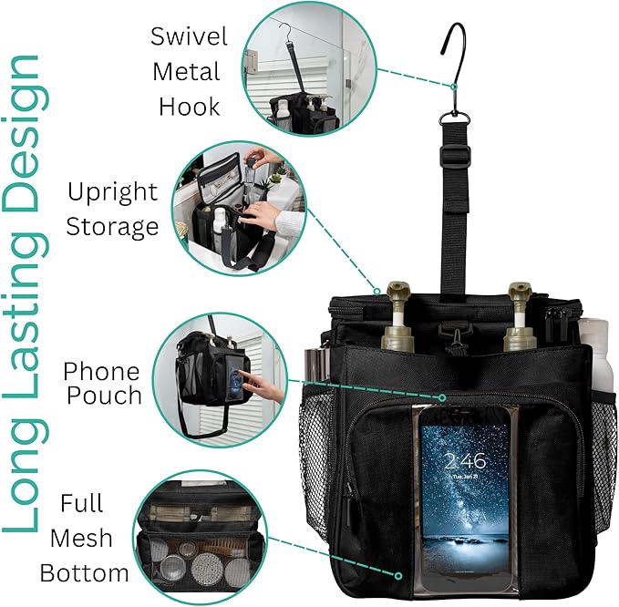 Portable XL Shower Caddy Bag - College Dorm Room Essentials for Men, Women, Students - Foldable, Water Resistant with Hanging Keychain Hook and Shoulder Strap Shower Organizer Bag (Black)