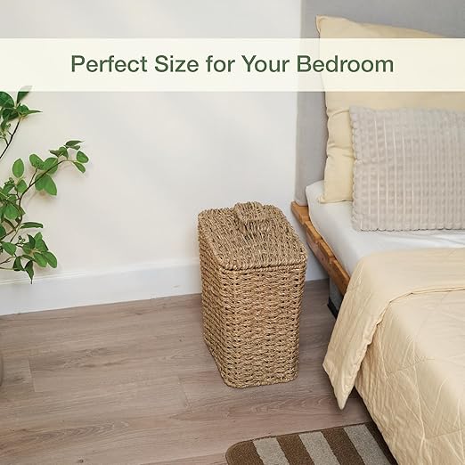Wicker Trash Can with Lid and Liner - Rattan Trash Can for Bathroom - Decorative Wicker Waste Basket for Bedroom, Kitchen and Office (Natural Seagrass)