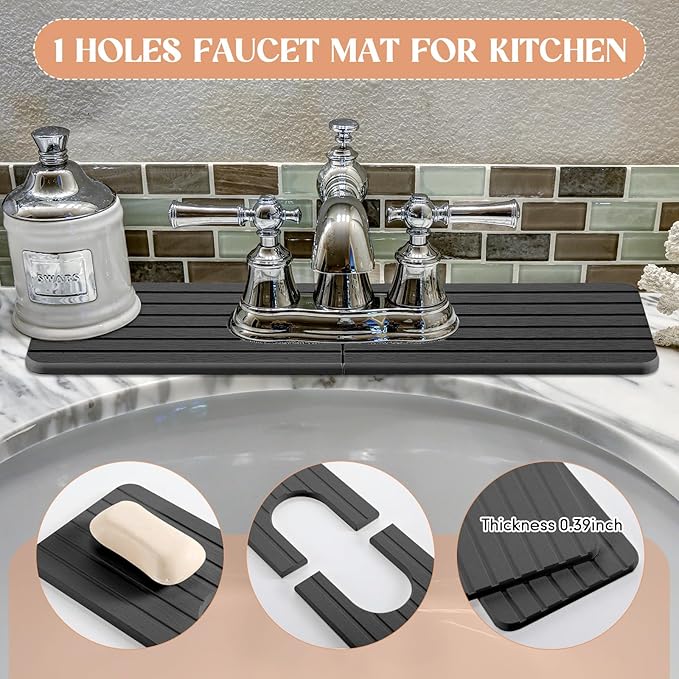 an Oval Hole Gray Faucet Mat for Kitchen Sink 17.32" x 4.6" Kitchen Faucet Absorbent Mat Diatomite Splash Guard for Sink Quick Drying Stone Drip Catcher for Bathroom Counter