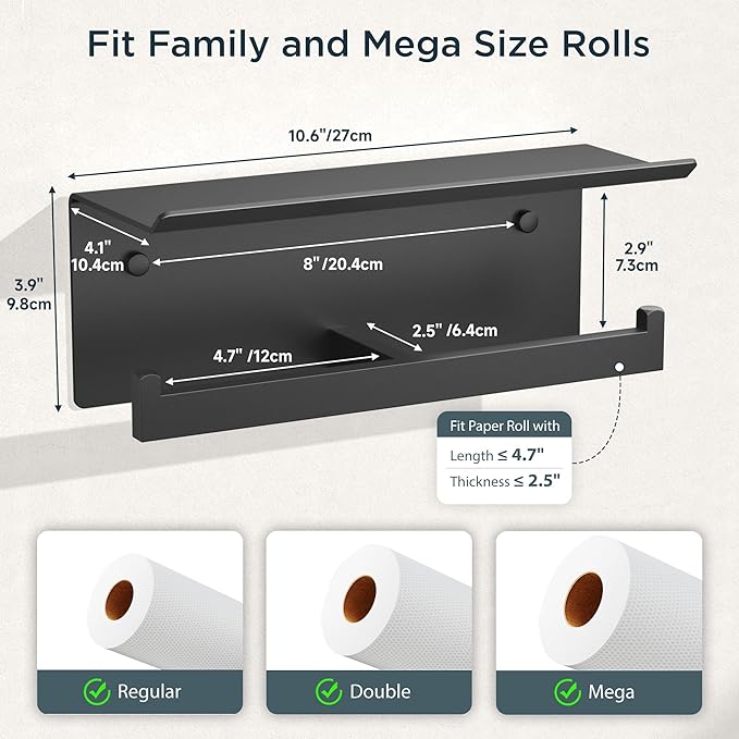 FORIOUS Black Toilet Paper Holder with Shelf, 304 Stainless Steel Wall Mount Commercial Toilet Paper Dispenser, Double Tissue Roll Holder for Bathroom, Matte Black