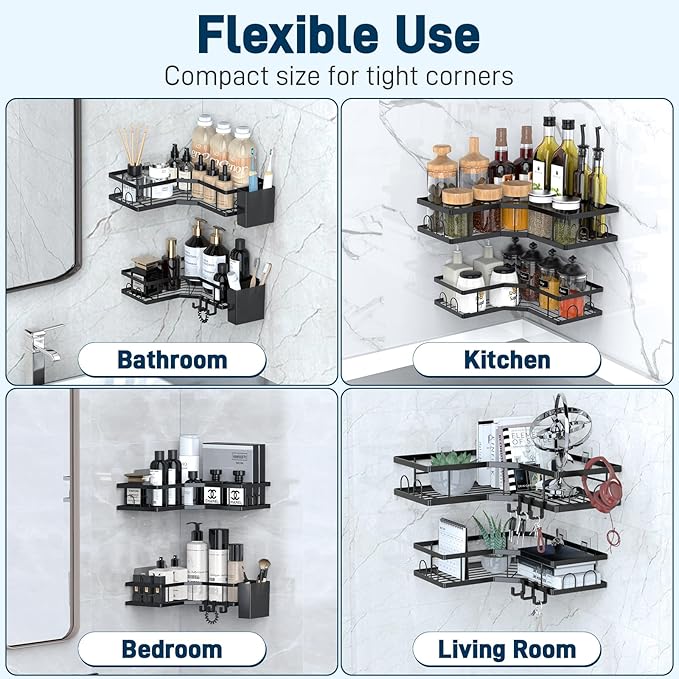 Corner Adhesive Shower Caddy, 5-Pack Rustproof Metal Corner Shelves with 2 Storage Boxes, 18 Hooks, No Drilling Wall Mounted Bathroom Organizer for 90° Corner, Black