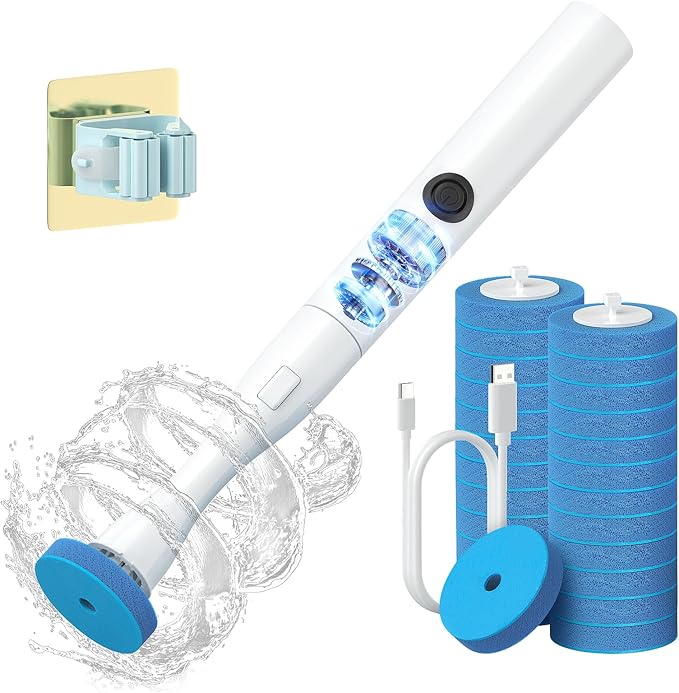 AIR U+ Electric Toilet Brush and Holder Set with 25 Disposable Refill Heads, Rechargeable & Wall-Mounted No Drilling Powerful Disposable Toilet Bowl Cleaner Wand