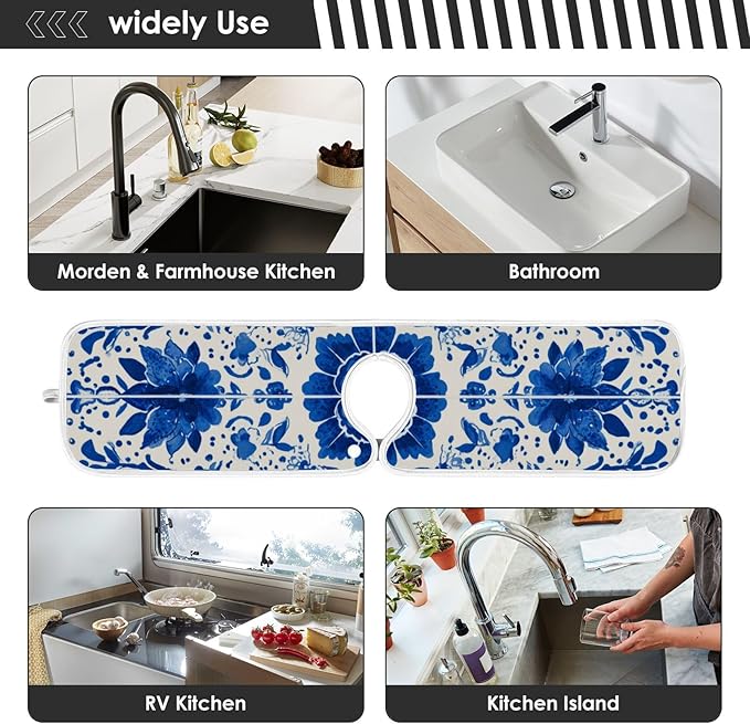 2 PCS Kitchen Sink Splash Guard 23.6 Inch Faucet Mat for Kitchen Sink Bathroom Sink Faucet Absorbing Drip Drain Mat Pad Microfiber Soft Washable Floral Blue and White Tile