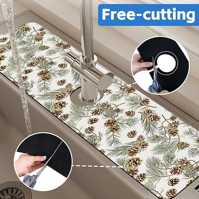 Abstract Pine Cones Sink Faucet Absorbing Mat Splash Guard Behind Faucet Sink Mat Absorbent Fast Drying Faucet Draining Mat for Bathroom Kitchen 5.5"×24"