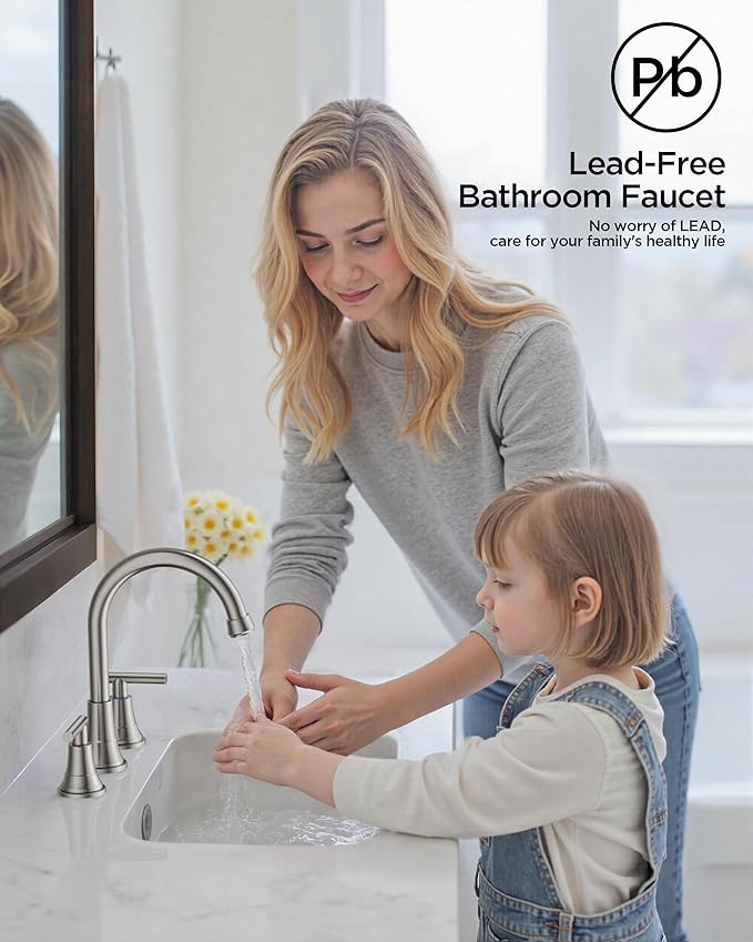 FORIOUS Brushed Nickel Bathroom Faucet 3 Hole, 2 Handle 360° Swivel Gooseneck 8 Inch Widespread Bthroom Sink Faucet Brushed Nickel 3 Hole with Hot and Cold Water Hose, Farmhouse Restroom Renovation
