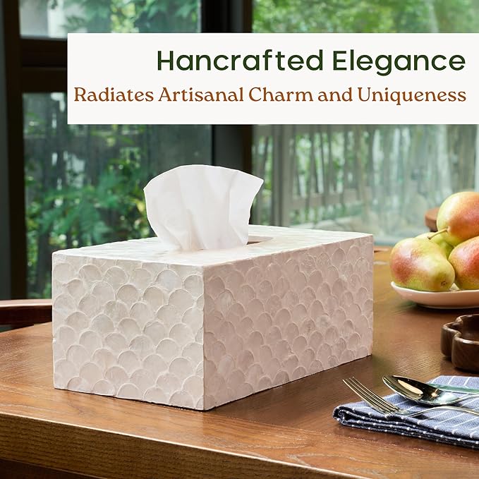 Rectangular Capiz Tissue Box Cover, Decorative Mother of Pearl Inlay Tissue Box Holder for Bedroom, Bathroom, Kitchen, and Office, Rectangle Tissue Box Cover White (10.25” x 5.9” x 4.33”)