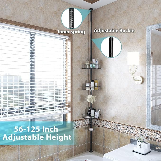 Corner Shower Caddy Tension Pole - Rustproof Stainless Steel Bathroom Shower Organizer, 4 - Tire Height Adjutable, Floor to Ceiling Stand, Fits 56 to 125” Corner Bathtub, Drill Free Quick Setup