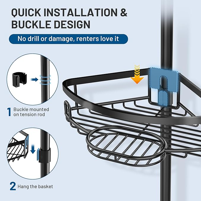 Corner Shower Caddy Tension Pole, 4 Tier Adjustable No Drill Rustproof Large Capacity Space-Saving Shower Shelves Organizer Storage Rack 45.29-119in for Bathroom Bathtub Family Renters, Black