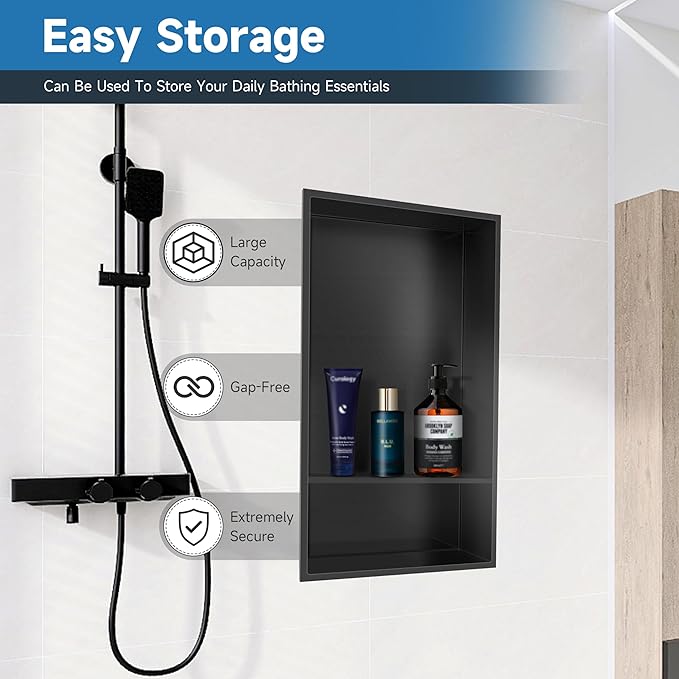 Shower Niche 13" X 25" Black, Stainless Steel Wall Niche Double Shelves Recessed Shower Shelf for Bathroom Storage, No Tile Needed Over Mount Installation