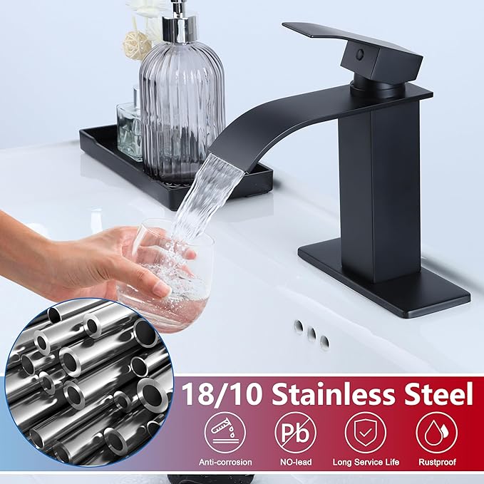 Matte Black Bathroom Faucet 3 Hole, Homikit 18/10 Stainless Steel Single Handle Waterfall Bathroom Sink Faucets Set for Sink 1 or 3 Hole for RV Vanity with Drain, Hooks, Deck Plate, Hoses