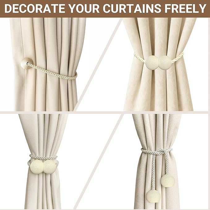 Hion Magnetic Curtain Tiebacks Beige 4 Pack, Curtain Tiebacks Buckles Holdbacks Holders Hooks Clip for Home Bedroom Office Decorative Thick or Thin Curtain