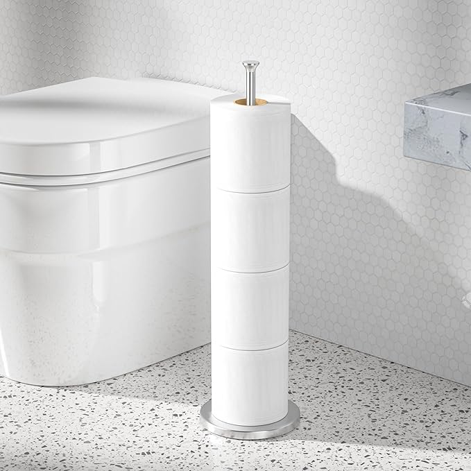 Stainless Steel Toilet Paper Holder Stand – Space-Saving Design for 4-6 Rolls – Modern Freestanding Bathroom Rolls Organizer