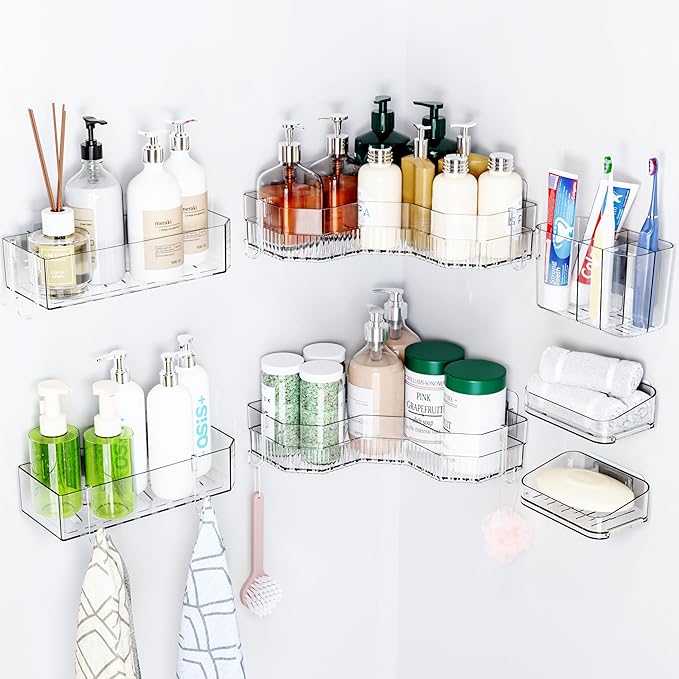 SuoXing 7 Pack Adhesive Corner Shower Caddies,100% Rustproof Acrylic Shower Shelves for Inside Shower,Large Capacity Plastic Wall Mounted Bathroom Shower Organizer with 8 Hooks,No Drilling,Clear
