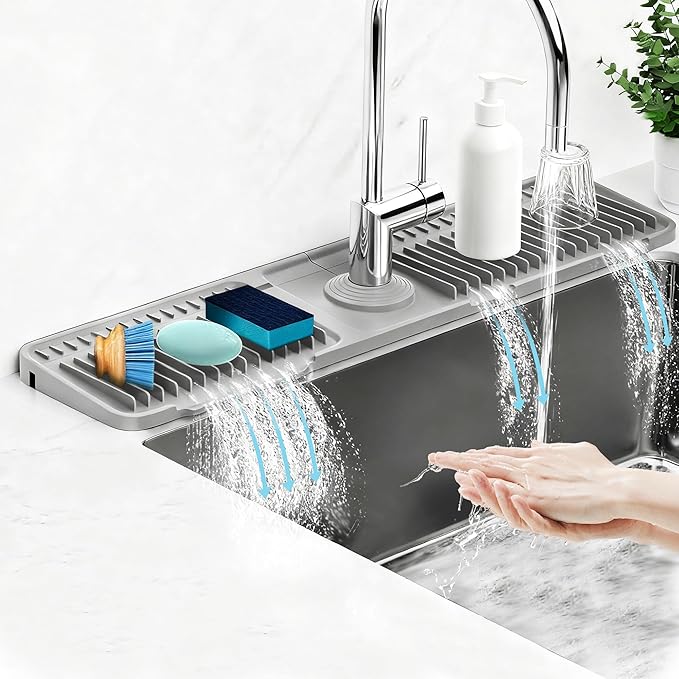 Silicone Faucet Mat for Kitchen Sink Splash Guard (24" x 5.5") - 7° Incline, Quick Self-Draining & Snap-Lock Kitchen/Bathroom Sink Protector Quick Dry Around Faucet Draining Mat Christmas Gifts