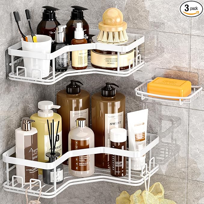 MAXIFFE Shower Caddy Organizer, 3-Pack Corner Shower Caddy Organizer Shelves Storage Rack Accessories for Bathroom Countertop Home Decor Set, White