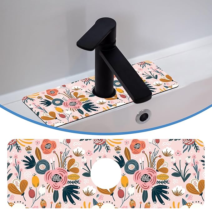 Flower Berrie Leave Faucet Mat for Kitchen Sink Floral Texture, Soft Diatom Mud Material, Strong Water Absorption, Non-slip, Easy to Clean for Bathroom, Kitchen 15"X5.5"