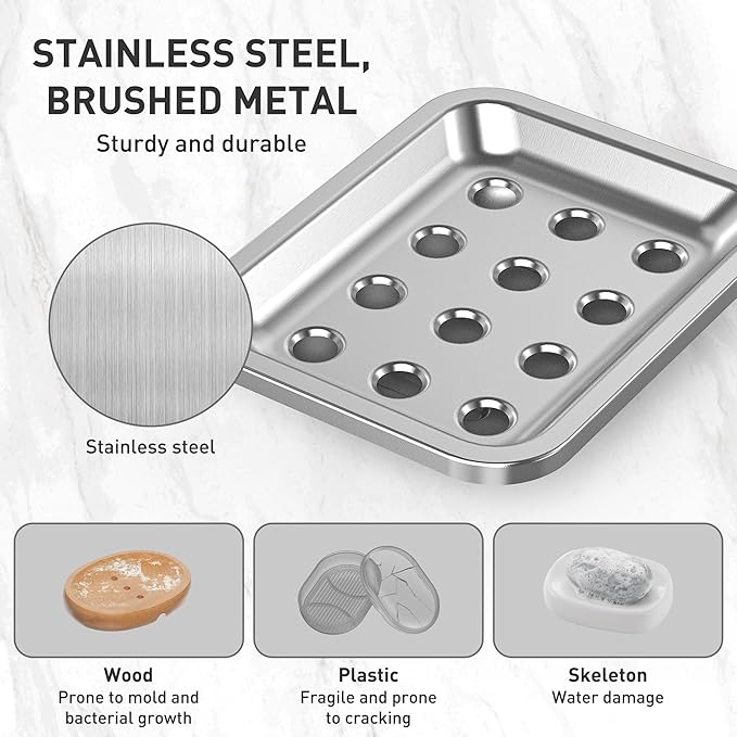 Stainless Steel Soap Dish, Large Double-Layer Draining Soap Holder, Metal Soap Dish for Bathroom, Shower, Kitchen and Sink Countertops