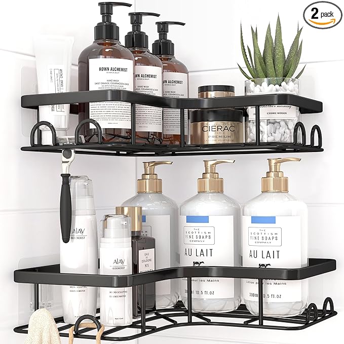 Corner Shower Caddy - 2 Pack, Adhesive Shower Organizers, Rustproof Stainless Steel Shower Shelves with 8 Hooks, No Drilling Bathroom Organizers and Storage Racks, Space-Saving, Black,Medium | Rustproof, Shower Shelves, 8 Hooks, Bathroom Organizers, St...