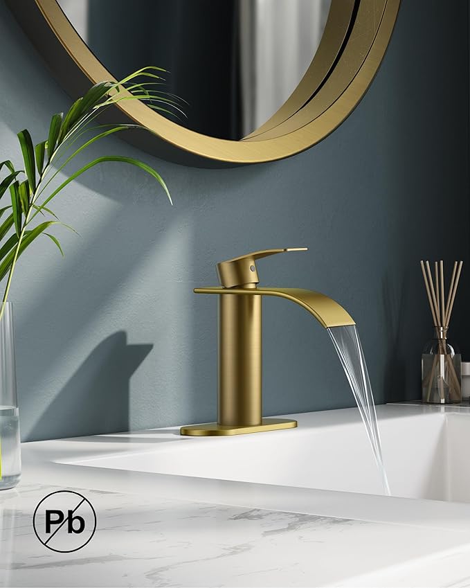 FORIOUS Brushed Gold Bathroom Faucet One Hole, Waterfall Single Handle Bathroom Faucet for 1 or 3 Hole Sink with Metal Pop up Drain, Deck Plate, cUPC Hoses for Vanity, Rv Sink