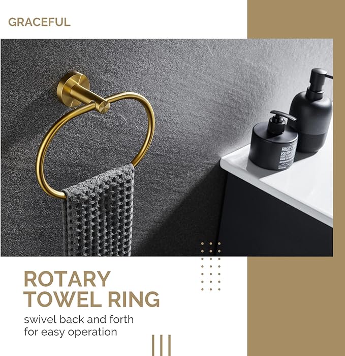 Bathroom Hardware Set 4-Piece Brushed Gold, Angle Simple SUS304 Stainless Steel Bathroom Fixtures Accessory Kit with Towel Hook X 2, Toilet Paper Holder and Rotary Towel Ring, Wall Mount