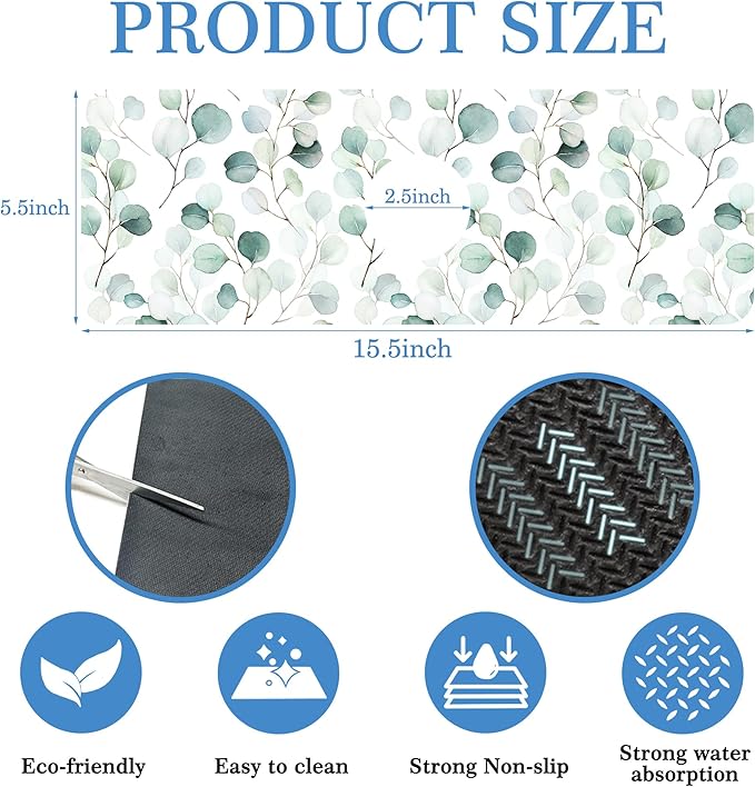 Faucet Mat for Kitchen Sink Watercolor Green Leave Branche, Soft Diatom Mud Material, Strong Water Absorption, Non-slip, Easy to Clean for Bathroom, Kitchen 15"X5.5"