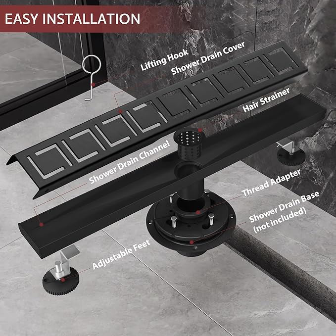 24 Inch Linear Shower Drain, Matte Black Shower Drain, Removable Grate, 304 Stainless Steel, Easy to Install and Clean for Bathrooms (Drain Base Not Included), LSD-30A-24B
