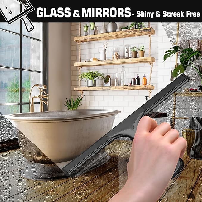 All-Purpose Shower Squeegee for Shower Doors with 2 Adhesive Hooks, Bathroom Cleaner Tool Household Window Mirror Squeegee for Clean, Glass Door, Tile Wall, Car, Stainless Steel, 12 Inch Black