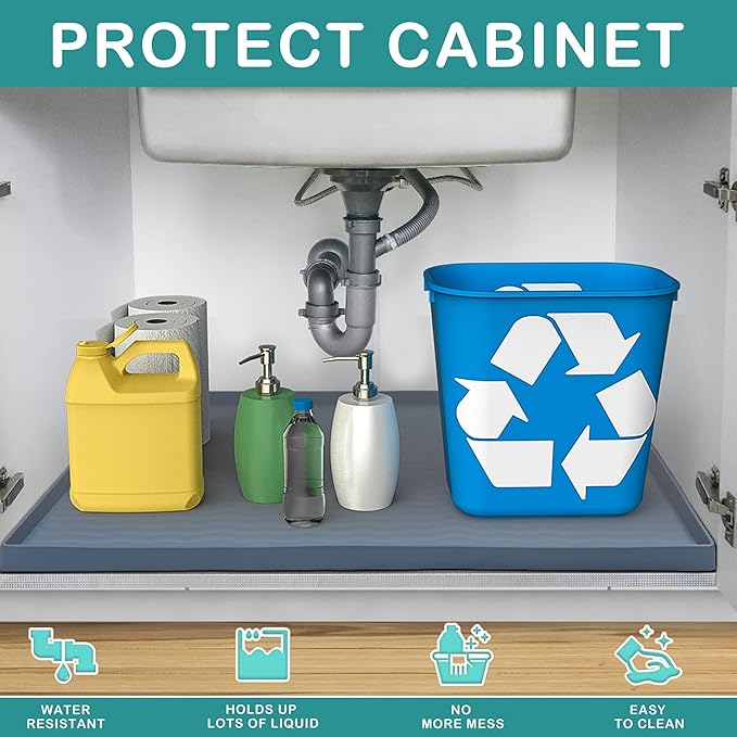 URMONA Waterproof Silicone Under Sink Mat 22'' x 22'' Shelf Liner for Kitchen and Bathroom, Cabinet and Counter Protector, Storage and Organizers, Litter Mat, Pet Cat Puppy Essentials(Navy)