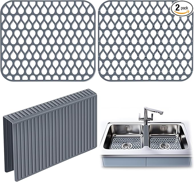 3 Pack Sink Mat and Sink Saddle Set, Sink Protectors for Kitchen Sink, Non Slip Silicone Sink Mat Dishwasher Safe, Protect Double Sink from Stains, Damage, Scratches (Cuttable)