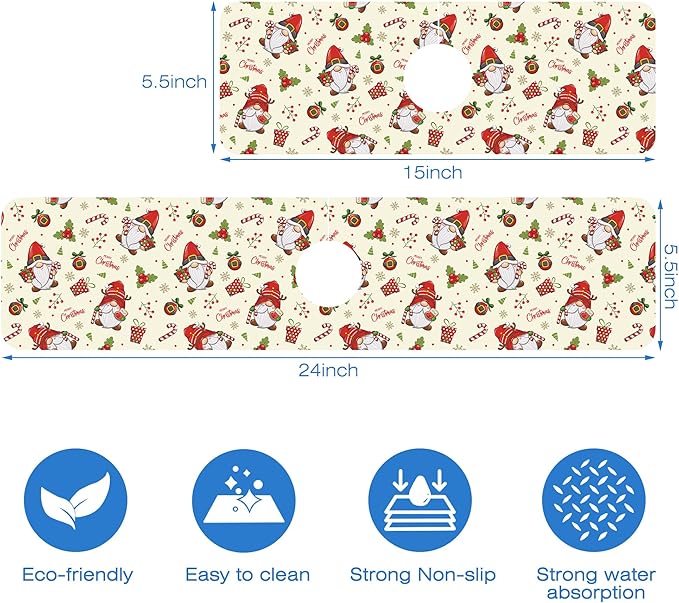 Christmas Santa Claus Kitchen Sink Splash Guard Mat Absorbent Fast Drying Mat Faucet Draining Mat Sink Splash Guard Behind Faucet Drip Catcher for Kitchen Bathroom 5.5"×24"