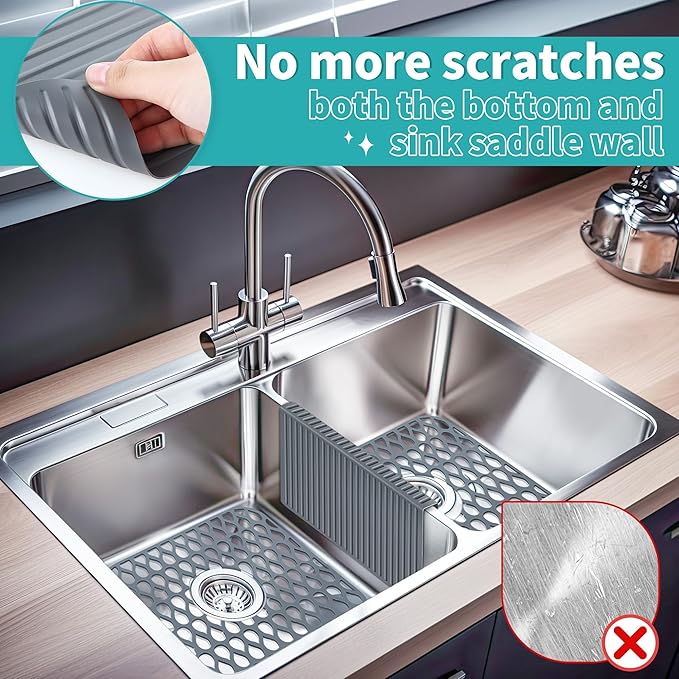 3 Pack Sink Mat and Sink Saddle Set, Sink Protectors for Kitchen Sink, Non Slip Silicone Sink Mat Dishwasher Safe, Protect Double Sink from Stains, Damage, Scratches (Cuttable)