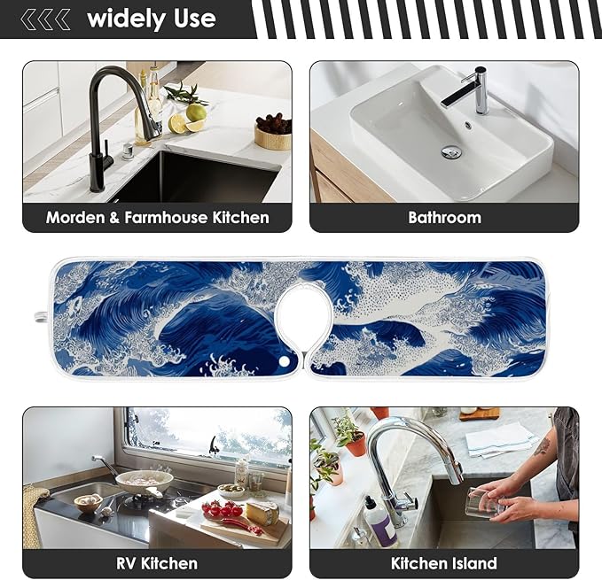 2 PCS Kitchen Sink Splash Guard 30 Inch Faucet Mat for Kitchen Sink Bathroom Sink Faucet Absorbing Drip Drain Mat Pad Microfiber Soft Washable Blue Sea Waves
