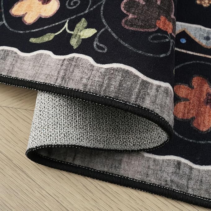 Rugcomf Area Rugs 8x10 Rug for Living Room Clearance Washable Boho Area Rug Non Slip Floral Animal Cat Vintage Low Pile Large Rug for Living Room Bedroom Farmhouse Dining Room Kids Playroom, Black