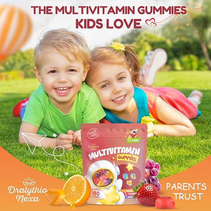 Kids Multivitamin Gummies 180 Count - Eye, Brain & Gut Support - Sugar-Free Vitamins for Kids - with Lutein, Omega-3 DHA & Prebiotics - 3 Fruit Flavors - Ages 2+