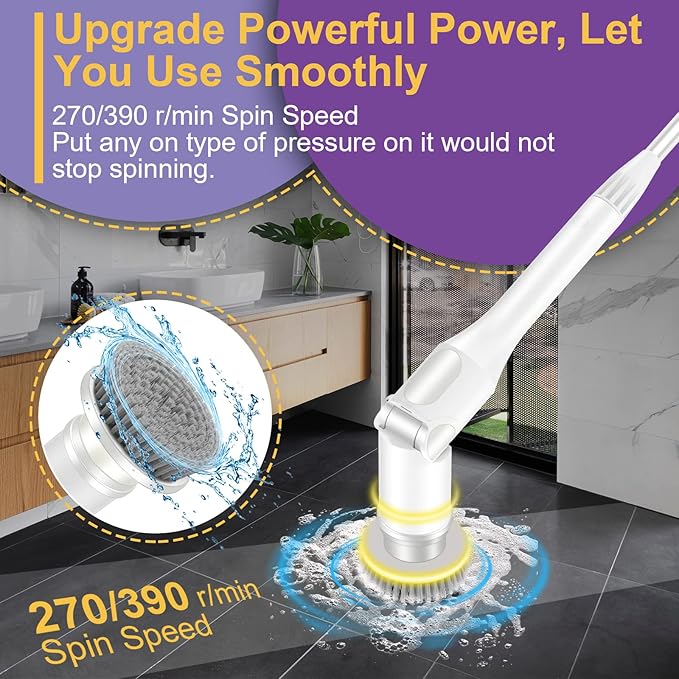Electric Spin Scrubber, Cordless Cleaning Brush, Shower Cleaning Brush with 5 Replaceable Brush Heads, Power Scrubber 3 Adjustable Speeds, Adjustable & Detachable Long Handle