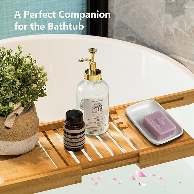 Gomakren Ceramic Soap Dish with Raised Scalloped Design, Versatile Soap Holder & Tray for Bathroom and Kitchen Sink, Prevents Soggy Soap, Rustic Modern Decor, Easy to Clean, White (5.59" x 4.02")