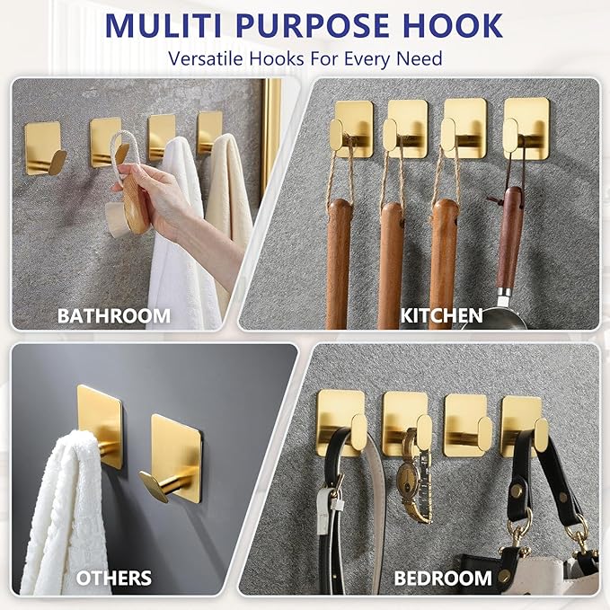 Gold Adhesive Hooks for Wall Hanging - Fit for Coat Door Towel Hooks for Bathrooms Decorative Kitchen Shower Glass Wall 304 Stainless Steel Robe &Towel Hooks Brushed Gold 4 Packs