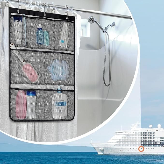 F-color Cruise Essentials 2026-7 Pockets Mesh Shower Organizer Hanging Bundle with Retractable Clothesline, Quick-Dry, Portable Toiletry Bag Travel Laundry Drying Kit for RV Hotel Camping