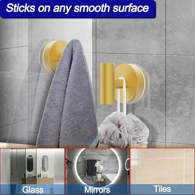 Suction Cup Hooks, Shower Hooks for Inside Shower – Removable Towel Hooks for Bathroom Window Glass Mirror Tile, Bath Robe Looafh Hook for Hanging – Waterproof & Rustproof, Gold(4 Pack)