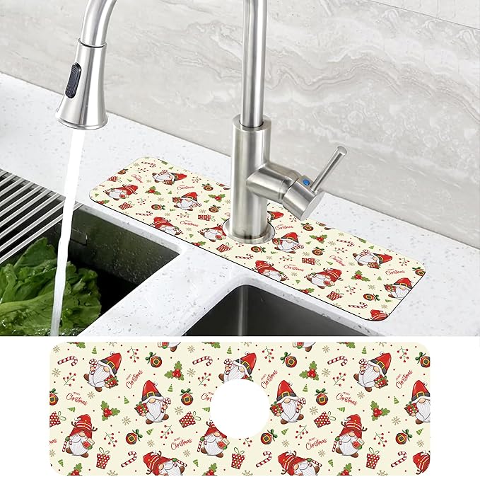 Christmas Santa Claus Kitchen Sink Splash Guard Mat Absorbent Fast Drying Mat Faucet Draining Mat Sink Splash Guard Behind Faucet Drip Catcher for Kitchen Bathroom 5.5"×15"