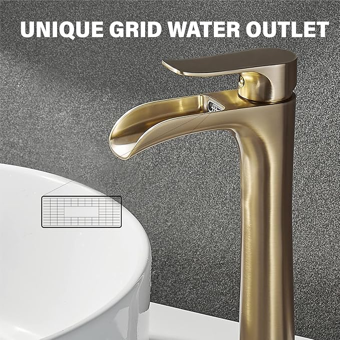 YUNDOOM Vessel Sink Faucet,Chrome Single Hole Single Handle Tall Bathroom Sink Bowl Faucet, Waterfall Bathroom Faucet with Pop Up Drain
