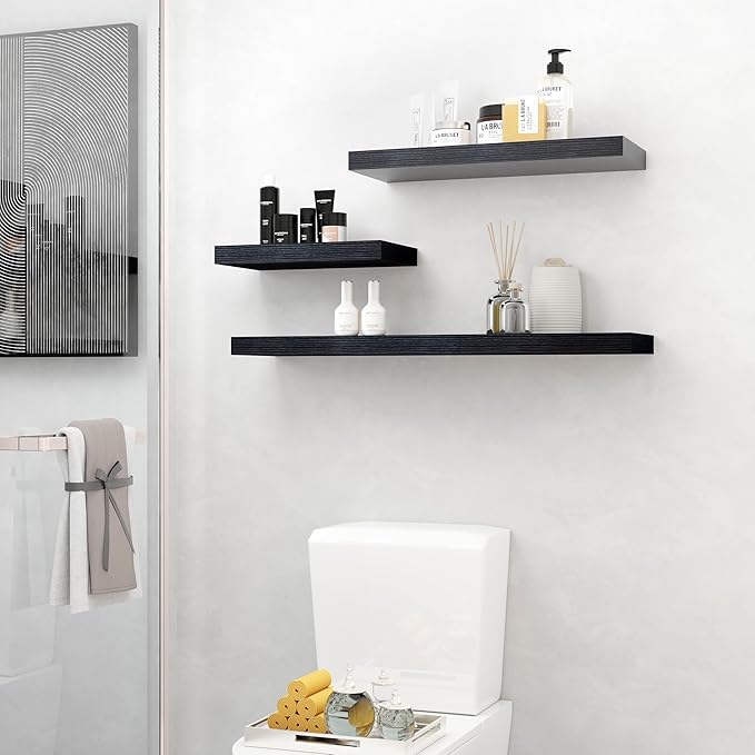 Fun Memories Deep Floating Shelves - 16" W x 9.3" D x 1.6" H Rustic Black Wall Shelf - Wall Mounted Shelves for Storage - Wooden Shelves with Invisible Brackets for Living Room, Farmhouse - Set of 2