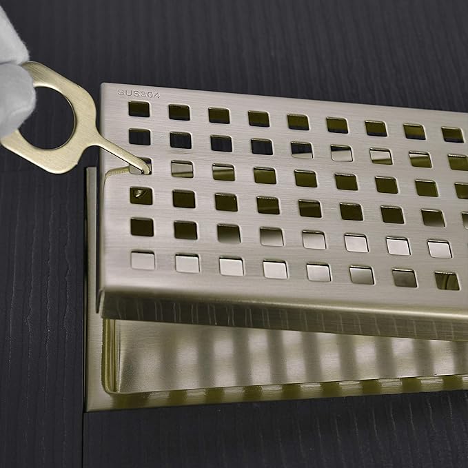 12 inch Stainless Steel Linear Shower Floor Drain with Threaded Adapter, Removable Cover Grid Grate, Brushed Gold Finished