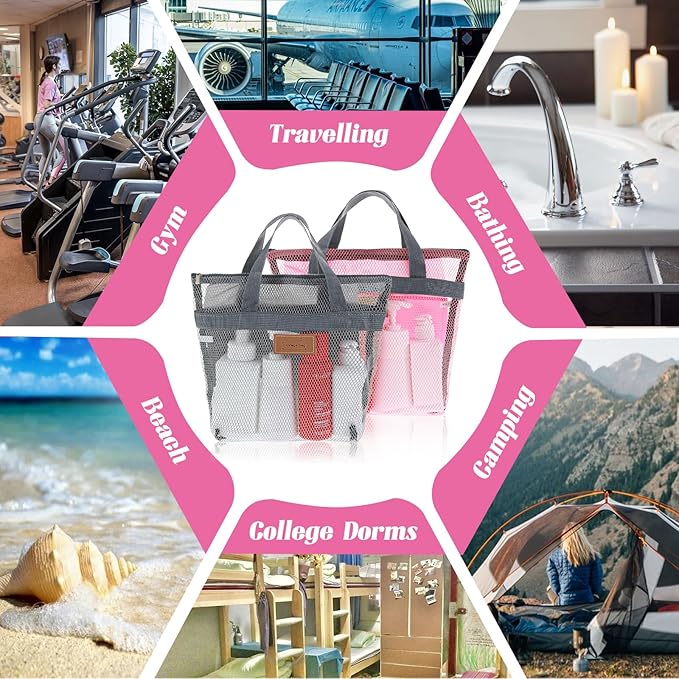 2pcs Gym Shower Caddy,Shower Caddy Mesh Bag,11.8 x 11.8 In,Quick Dry Portable Hanging Toiletry and Bath Organizer with Zipper for Travel,Gym,Swimming,Camping,College Dorms,Beach(Grey/Pink)