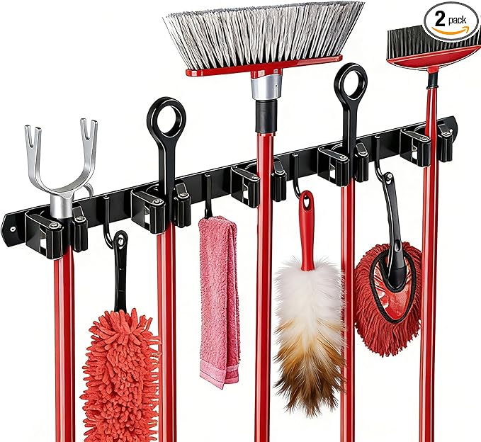 2 Packs 5 Racks and 4 Hooks Mop and Broom Holder Wall Mount, SUS304 Heavy Duty Broom Organizer Storage Tool Racks, Self Adhesive Solid Non-slip Tool Hangers for Home Kitchen Garden Laundry Garage