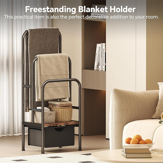 FreeStanding Towel Rack for Bathroom & Blanket Holder, 3-Tier Towel Drying Rack, 15.6" L x 11.8" W x 41.7" H, Blanket Ladder for Bedroom/Living Room,Rustic Brown