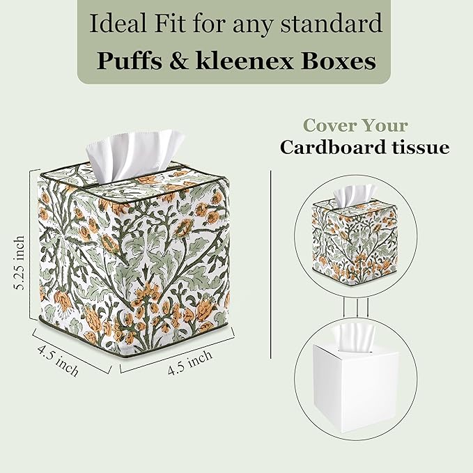 Ridhi Goldenrod Yellow Block Print Tissue Box Cover – Handmade Cotton Fabric Tissue Holder for Home Bedroom Living Room Bathroom Vanity Car Nightstand Office Kitchen – Decorative Square Napkin Holder