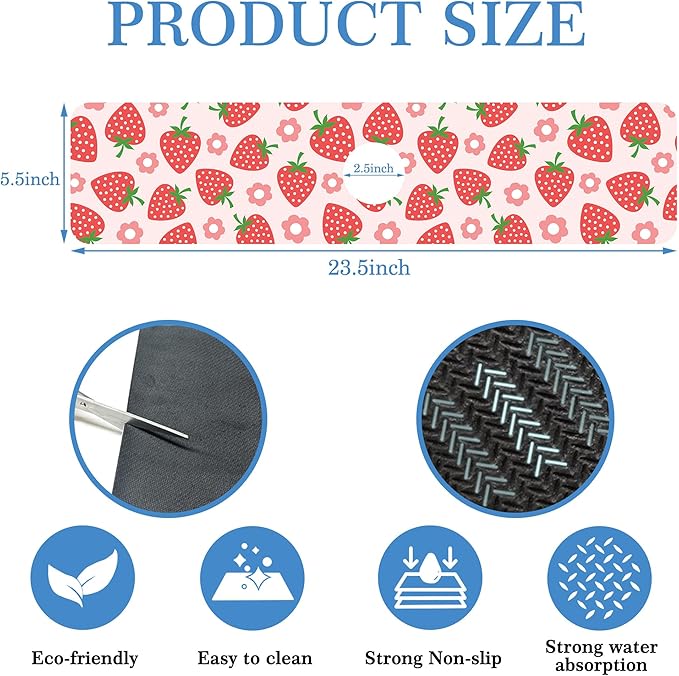Faucet Mat for Kitchen Sink Beautiful Strawberry Flower, Soft Diatom Mud Material, Strong Water Absorption, Non-slip, Easy to Clean for Bathroom, Kitchen 23.5"X5.5"