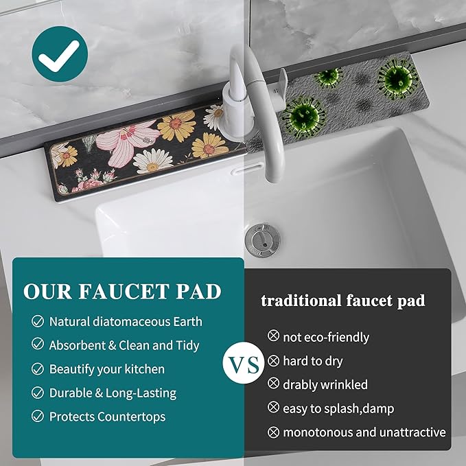 Stone Faucet Mat for Kitchen Sink, Diatomite Stone Sink Tray, 15.8" Super Absorbent Mat for Bathroom Counter, Prevents Moisture Buildup, Stone Drying Mat, Fast Drying Faucet Splash Guard