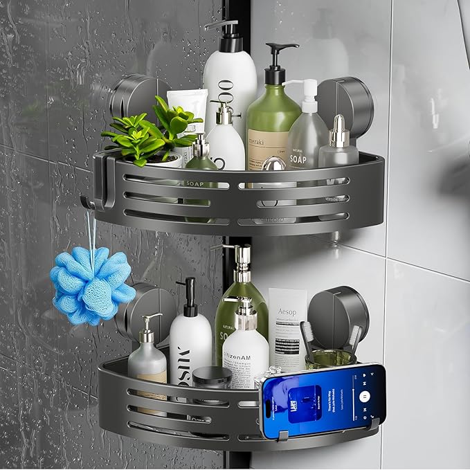 BREIS Corner Shower Caddy Suction Cup, No Drill Corner Shower Shelves, Rustproof Bathroom Shower Organizer Storage Rack, Suction Cup Shower Organizer with Hooks, Large Capacity Bathroom Shelves